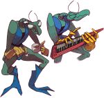 2019 2_toes adult_swim antennae_(anatomy) anthro arthropod beverage big_eyes blue_boots blue_clothing blue_footwear blue_shoes blue_topwear blue_vest boots cartoon_network clothing container cross-hatching cup digital_media_(artwork) digitigrade exoskeleton eyes_closed feet footwear gloves green_body handwear hanna-barbera hatching_(art) hi_res insect keyboard_instrument keytar male male_anthro mantis mixed_media monochrome_body mug musical_instrument playing_music pupils shaded shoes simple_background skinny small_pupils solo space_ghost_(series) sturaptor tea tea_bag thin_neck toes topwear traditional_media_(artwork) vest white_background yellow_clothing yellow_gloves yellow_handwear zorak_(space_ghost)