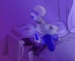 ahegao animated_skeleton bed blue_penis blush bodily_fluids bone clothed clothing drooling dubnyangg furniture genitals glowing glowing_genitalia glowing_penis hand_on_penis humanoid looking_pleasured male masturbation on_bed partially_clothed penile penile_masturbation penis rib_cage saliva sans_(undertale) shirtless sitting sitting_on_bed skeleton solo tongue tongue_out undead undertale_(series)