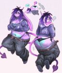 anthro ass_up biped black_clothing black_hair black_panties black_underwear blowing_bubble_gum blue_clothing blue_fur_marking blue_hoodie blue_sclera blue_topwear bottomwear bottomwear_down breasts brown_eyes bubble_gum butt butt_shot chibi cleavage clothed clothing cropped_hoodie denim denim_bottomwear denim_clothing dewlap_(anatomy) dreadlocks english_text floppy_ears footwear front_view fully_shaded fur gradient_hair hair hand_in_pocket hi_res hoodie horn jeans lagomorph lidded_eyes long_ears lop_ears male mammal navel navel_piercing oversized_bottomwear oversized_clothing oversized_pants panties pants pants_down pants_falling_down partially_clothed piercing pockets purple_body purple_fur purple_hair question_mark rear_view sagging_pants salem_(wolfertinger) scratch_mark scuff_marks shoes simple_background solo spade_tail speech_bubble tail text topwear trans_(lore) trans_man_(lore) tripping underwear wardrobe_malfunction wings wolfertinger wolpertinger