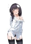  1girl absurdres black_bra black_garter_straps black_hair black_panties black_thighhighs blue_archive bra braid braid_over_shoulder cawl commentary cowboy_shot doodle_sensei_(blue_archive) english_commentary female_sensei_(blue_archive) garter_straps highres lace-trimmed_thighhighs lace_trim looking_at_viewer no_pants one_eye_closed panties see-through_clothes sensei_(blue_archive) simple_background single_off_shoulder solo sticky_note sweatdrop thighhighs underwear white_background 