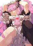  1girl animal_ears apron arms_up baby_bottle bandaid bandaid_on_leg bangs black_bow black_thighhighs blush bottle bow breasts character_request commentary_request long_hair looking_at_viewer lying on_back pink_eyes pink_hair sash short_sleeves single_thighhigh smile solo taker_(flamestorm) thighhighs white_apron white_bow white_sash 