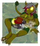 ambiguous_feral ambiguous_gender ambiguous_peeing ambiguous_peeing_on_male antennae_(anatomy) anthro anthro_on_feral arm_markings arthropod balls balls_outline beetle bestiality black_clothing black_underwear bodily_fluids bodyjob bodyjob_through_clothing bulge chest_slit claws clothing detailed_bulge erection erection_in_underwear erection_under_clothing feet_together feet_together_knees_apart feral finger_claws fjorla_(ichlamogeneralhukari) genital_fluids genital_outline genitals glistening glistening_eyes glowing glowing_abdomen glowing_chest_slit glowing_eyes goblin goblizard green_body green_markings green_scales grey_body grey_hair grey_head hair hand_on_back hand_on_shell hi_res highlights_(coloring) hybrid insect larger_anthro leg_markings lizard long_hair long_tail male male/ambiguous male_anthro male_on_feral male_peeing markings multicolored_body onomatopoeia peeing peeing_on_another peeing_on_clothing peeing_through_clothing peeing_through_underwear peeing_together penis_outline pointy_ears psssh red_highlights red_shell reptile scales scalie sex shell shoulder_markings sitting sitting_back size_difference smaller_feral sound_effects tail text thigh_markings through_clothing tinydevilhorns toe_claws two_tone_body underwear urine urine_on_balls urine_on_ground watersports wet wet_clothing wetting wrist_markings yellow_body yellow_eyes yellow_glow