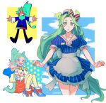  apron blue_sky borrowed_clothes character_doll cloud cloudy_sky commentary cosplay doll dress green_eyes green_hair hair_ornament hatsune_miku hatsune_miku_(cosplay) highres lucky_cyan_(to_be_hero_x) mesmerizer_(vocaloid) nice_(to_be_hero_x) parody pinstripe_dress pinstripe_hat pinstripe_pattern ponytail sitritea sky song_request static_(vocaloid) style_parody to_be_hero_x visor_cap vocaloid white_apron x_hair_ornament 