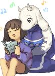 5_fingers anthro blush book bottomwear bovid breasts brown_hair caprine clothed clothing dress duo eyebrows female fingers frisk_(undertale) fur goat hair hi_res holding_book holding_object horn human humanoid kneeling larger_female male mammal musical_note musical_symbol nails nanaillust_(artist) open_mouth shaded shirt shorts simple_background singing sitting size_difference smaller_male symbol text topwear toriel translated undertale undertale_(series) white_background white_body white_fur white_horn
