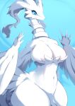  absurd_res anthro big_breasts blue_body breasts chobonolly female generation_5_pokemon hi_res legendary_pokemon looking_down nintendo pokemon pokemon_(species) pokemorph reshiram solo thick_thighs video_games white_body 