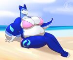 amber_eyes animate_inanimate balloon beach big_breasts bikini bikini_bottom bikini_top black_markings blue_markings breasts chocend claws clothing countershade_torso countershading female inflatable leaning leaning_backward leg_markings living_balloon living_inflatable looking_away markings miko_(mikopaws) on_ground overweight overweight_female pink_bikini pink_bikini_top pink_clothing pink_swimwear plantigrade pointy_ears sand sea sitting slightly_chubby smile solo swimwear thick_neck thigh_markings two-piece_swimsuit water white_claws