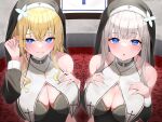  2girls blonde_hair blue_eyes breasts character_request cleavage cross cross_necklace grey_hair habit hands_on_own_chest highres hood indoors jewelry large_breasts looking_at_viewer multiple_girls necklace nun original rei_(rei_9146) smile upper_body 