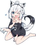  1girl ;d ahoge animal_ears arm_between_legs arm_support bangs bare_shoulders barefoot black_hairband black_ribbon blue_eyes blush ear_piercing earrings fox_ears fox_girl fox_shadow_puppet fox_tail grey_hair hair_ribbon hairband hololive jewelry long_hair looking_at_viewer low_ponytail no_pants one_eye_closed open_mouth oversized_clothes oversized_shirt pentagram piercing rabiiandrain ribbon shirakami_fubuki shirt simple_background single_earring sitting smile solo tail teeth upper_teeth very_long_hair virtual_youtuber wariza white_background 