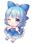  1girl ;3 ahoge bangs blue_bow blue_dress blue_footwear blue_hair bow cirno closed_mouth dress full_body hair_bow ice ice_wings looking_at_viewer one_eye_closed pjrmhm_coa short_hair short_sleeves simple_background smile solo touhou v white_background wings 