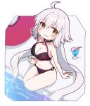  1girl ahoge bikini blush chibi fate/grand_order fate_(series) green_hair groin jeanne_d&#039;arc_alter_(fate) jeanne_d&#039;arc_alter_(swimsuit_berserker)_(fate) long_hair looking_at_viewer o-ring o-ring_bikini poolside rabiiandrain sitting soaking_feet solo swimsuit twintails v-shaped_eyebrows very_long_hair yellow_eyes 