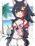  1girl :d animal_collar animal_ears bare_shoulders beach bikini bikini_shorts bikini_under_clothes black_collar black_hair black_jacket blush breasts chibi cleavage collar flipped_hair floral_print front-tie_bikini_top front-tie_top hair_ornament hairclip hololive hood hooded_jacket jacket long_hair long_sleeves looking_at_viewer multicolored_hair official_alternate_costume ookami_mio open_clothes open_jacket ponytail rabiiandrain red_hair shirt shorts sleeveless sleeveless_shirt smile solo spiked_hair streaked_hair swimsuit tail tropical_drink very_long_hair virtual_youtuber white_bikini white_hair white_shorts wolf_ears wolf_girl wolf_tail yellow_eyes 