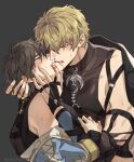  2boys bags_under_eyes black_gloves blonde_hair blood blood_from_mouth brown_eyes brown_hair eiden_(nu_carnival) fingerless_gloves gloves highres jewelry kaki_hime looking_at_another male_focus multiple_boys muscular muscular_male nu_carnival quincy_(nu_carnival) short_hair yaoi 