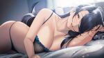  1girl azuma_fubuki bangs black_eyes black_hair blueorca blurry blurry_background bra breasts highres indoors large_breasts long_hair looking_at_viewer lying mato_seihei_no_slave mature_female navel on_bed on_side one_eye_closed parted_lips thighs underwear window 