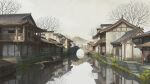  absurdres arch architecture autumn boat bridge building cloud cobblestone day east_asian_architecture grey_sky highres house mountain no_humans original outdoors reflection reflective_water river scenery sky stairs town tree water watercraft xingzhi_lv 