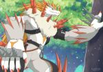  aledonrex anthro bandai_namco belt brass_knuckles digimon digimon_(species) featureless_crotch green_eyes hair male melee_weapon muscular muscular_anthro muscular_male orange_hair outside pecs quills solo spikes stefilmon weapon 