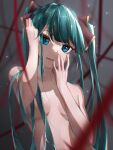  1girl aqua_hair bangs blue_eyes breasts chromatic_aberration collarbone hair_censor hair_over_breasts hatsune_miku highres long_hair nude open_mouth ponkotu_001 shiny shiny_hair small_breasts solo twintails upper_body very_long_hair vocaloid 