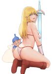  1boy 1girl amazon_warrior ass ass_grab bikini blonde_hair blue_eyes boots bracer breasts brown_footwear cover_image full_body gnome golden_axe highres holding holding_sword holding_weapon knee_boots kneeling large_breasts lips long_hair looking_back mezzo_(orbanga21) planted planted_sword sack sidelocks solo_focus swimsuit sword thick_thighs thief_(golden_axe) thighs toned tyris_flare weapon white_background white_bikini 