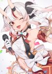  1girl ;d armpits bare_shoulders blush breasts earrings gloves highres holding holding_microphone hololive horns jewelry long_hair looking_at_viewer microphone midriff nakiri_ayame navel one_eye_closed oni oni_horns open_mouth red_eyes smile solo twintails virtual_youtuber white_gloves white_hair zhao_190 