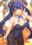  1girl animal_ears aqua_eyes bellona_(epic_seven) blue_hair blue_ribbon blurry blurry_background breasts cleavage detached_collar double_bun earrings epic_seven fake_animal_ears hair_bun hair_ornament hair_ribbon jewelry lower_teeth open_mouth pantyhose playboy_bunny rabbit_ears ribbon rin_ateria smile solo teeth twintails wrist_cuffs 