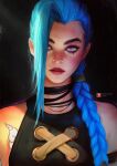  1girl arcane:_league_of_legends bare_shoulders blue_hair braid braided_ponytail dark_background expressionless eyeliner hair_over_one_eye hair_over_shoulder head_tilt highres jewelry jinx_(league_of_legends) league_of_legends lips long_hair looking_at_viewer makeup nixri nose parted_lips purple_eyes realistic simple_background solo torn_clothes twin_braids 