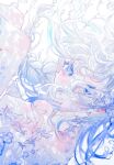  10_io 1girl air_bubble aqua_hair bare_shoulders blue_eyes blue_hair bubble dress fish frilled_dress frills gradient_hair green_hair highres liquid_hair looking_at_viewer multicolored_hair original semi-transparent solo underwater white_hair 