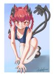  1girl :3 absurdres alternate_costume animal_ears black_bow bow braid breasts cat_ears cat_tail eyebrows_hidden_by_hair fingernails highres kaenbyou_rin littiecy multiple_tails nail_polish nekomata red_eyes red_hair red_nails sharp_fingernails signature solo swimsuit tail tail_bow tail_ornament thighhighs touhou twin_braids two_tails 