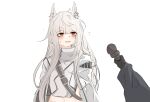  1girl animal_ear_fluff animal_ears arknights bai_yang blush brown_eyes cropped_jacket flying_sweatdrops highres holding holding_microphone horse_ears horse_girl interview jacket long_hair long_sleeves messy_hair microphone midriff open_mouth platinum_(arknights) solo_focus sweatdrop wavy_mouth white_hair white_jacket 
