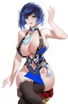  1girl armpits bangs bare_shoulders bitter_experience blue_dress blue_hair bob_cut breasts crossed_legs diagonal_bangs dice dress genshin_impact green_eyes highres large_breasts looking_at_viewer multicolored_hair navel neck_tassel parted_lips pelvic_curtain short_hair sitting stool tassel tassel_choker thighhighs yelan_(genshin_impact) 