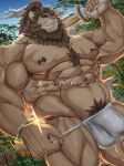  absurd_res anthro asian_clothing body_hair bracelet brown_body brown_fur bulge chest_hair clothing east_asian_clothing felid fundoshi fur genital_outline hi_res japanese_clothing jewelry katana lifewonders lion live-a-hero male mammal melee_weapon miazuma_shouki muscular muscular_anthro muscular_male nipples pantherine pecs penis_outline pubes solo sword toshu underwear video_games weapon 