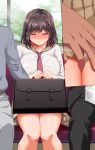  1girl 2boys ^_^ aneshiko bag bangs blush braid breasts brown_hair brown_sailor_collar brown_skirt chikan clenched_hands close-up closed_eyes closed_mouth collarbone commentary_request hair_ribbon hetero highres holding holding_bag indoors knees_together_feet_apart large_breasts long_sleeves miniskirt multiple_boys multiple_views necktie nose_blush original own_hands_together pink_ribbon pleated_skirt poking red_necktie ribbon sailor_collar school_bag school_briefcase school_uniform seat serafuku shiny shiny_clothes shiny_hair shirt short_hair sidelocks single_braid sitting skirt solo_focus straight-on sweat train_interior white_shirt window 