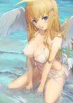  1girl absurdres bikini blonde_hair blue_eyes breasts character_request cleavage copyright_request full_body hair_ornament hairclip halo highres large_breasts long_hair looking_at_viewer open_mouth sapota_clone seiza sitting solo swimsuit wading white_bikini white_wings wings 