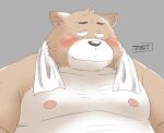  2022 anthro belly big_belly black_nose blush brown_body canid canine canis domestic_dog kemono male mammal moobs nipples overweight overweight_male simple_background solo toshi_(artist) towel towel_around_neck 