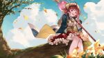  1girl :d ahoge atelier_(series) atelier_sophie autumn_leaves ayacho bare_legs blue_sky brown_eyes brown_hair cloud day dress_shirt floating_hair flower highres holding holding_staff long_hair miniskirt open_mouth outdoors pleated_skirt red_skirt shiny shiny_hair shirt sitting skirt sky smile solo sophie_neuenmuller staff underbust white_shirt yellow_flower yellow_headwear 