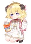  1girl aged_down ahoge animal_ears backpack bag bag_of_chips bangs blonde_hair blush bow cardigan chips_(food) closed_mouth dress eyes_visible_through_hair food footwear_bow hair_ornament hairclip highres holding holding_food hololive horns kneeling long_sleeves looking_at_viewer noi_mine open_cardigan open_clothes photoshop_(medium) potato_chips sheep_ears sheep_horns shoes simple_background skirt smile solo striped striped_dress tsunomaki_watame vertical-striped_dress vertical_stripes virtual_youtuber white_background white_cardigan white_skirt 