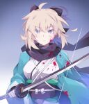  1girl ahoge bangs black_bow black_scarf blonde_hair blood blood_on_clothes blood_on_face blue_background bow breasts commentary_request fate/grand_order fate_(series) gradient gradient_background hair_between_eyes hair_bow highres holding holding_sword holding_weapon japanese_clothes katana kimono looking_at_viewer medium_hair obi okita_souji_(fate) okita_souji_(koha-ace) sash scarf serious solo sword upper_body uryu0270 weapon yellow_eyes 