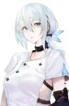  1girl bangs black_sleeves blue_eyes breasts collar detached_sleeves hair_between_eyes hair_ornament harutask highres long_hair looking_at_viewer original parted_lips ponytail shirt short_sleeves sidelocks simple_background solo upper_body white_background white_hair white_shirt 