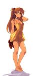  1girl barefoot blue_choker blue_eyes brown_hair choker closed_mouth dress full_body highres long_hair looking_at_viewer neon_genesis_evangelion patreon_username solo souryuu_asuka_langley squeezable_(artist) standing yellow_dress 