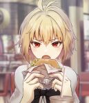  1girl absurdres alternate_costume antenna_hair arcueid_brunestud bangs black_bow blonde_hair blurry blurry_background bow bowtie burger capelet chair character_print commentary eating english_commentary food hair_between_eyes highres holding holding_food indoors looking_at_viewer mkr_(wepn3428) neco-arc official_alternate_costume open_mouth red_eyes short_hair sitting solo tsukihime tsukihime_(remake) white_capelet 