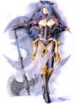  1girl armored_boots axe battle_axe between_breasts black_panties blue_hair boots breasts breasts_apart brown_eyes camilla_(fire_emblem) cleavage closed_mouth diadem fire_emblem fire_emblem_fates gloves groin hair_over_one_eye headwear_request highres large_breasts long_hair panties purple_gloves sayamiya shiny shiny_hair solo standing transparent underwear very_long_hair weapon 