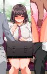  1girl 2boys aneshiko bag bangs blush braid breasts breath brown_hair brown_sailor_collar brown_skirt chikan clenched_hands clenched_teeth clitoral_stimulation close-up collarbone commentary_request fingering fingering_through_clothes hair_ribbon half-closed_eyes hand_up hetero highres holding holding_bag indoors knees_together_feet_apart large_breasts long_sleeves looking_down miniskirt multiple_boys multiple_views necktie nose_blush original panties pink_eyes pink_panties pink_ribbon pleated_skirt pussy_juice red_necktie ribbon sailor_collar school_bag school_briefcase school_uniform seat serafuku shiny shiny_clothes shiny_hair shirt short_hair sidelocks single_braid sitting skirt solo_focus straight-on sweat tears teeth through_clothes train_interior trembling underwear wet wet_clothes wet_panties white_shirt window 