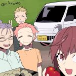  1boy 3girls :d aged_up akane_(etra-chan_wa_mita!) artist_name azami_(etra-chan_wa_mita!) bangs black_shirt blonde_hair closed_eyes closed_mouth commentary_request etra-chan_wa_mita! food fruit glasses green_background ground_vehicle holding holding_food holding_fruit ine-00 license_plate looking_at_viewer motor_vehicle multiple_girls old old_woman open_mouth orange_shirt pickup_truck pink_hair potato purple_hair red_hair shirt short_sleeves simple_background smile tachibana_(etra-chan_wa_mita!) teeth tomato truck twitter_username v watermark white_shirt yuri_(etra-chan_wa_mita!) 