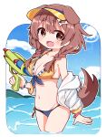  1girl :d alternate_costume animal_ears bangs bikini blush bone_hair_ornament braid breasts brown_eyes brown_hair chibi cleavage dog_ears dog_girl dog_tail extra_ears fang hair_between_eyes hair_ornament hairclip holding holding_water_gun hololive inugami_korone jacket jacket_partially_removed long_hair looking_at_viewer low_twin_braids low_twintails open_mouth rabiiandrain skin_fang smile solo swimsuit tail trash_can twin_braids twintails virtual_youtuber water_gun white_jacket yellow_bikini 