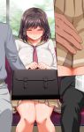  1girl 2boys ^_^ aneshiko bag bangs blush braid breasts brown_hair brown_sailor_collar brown_skirt chikan clenched_hands close-up closed_eyes closed_mouth collarbone commentary_request hair_ribbon hetero highres holding holding_bag indoors knees_together_feet_apart large_breasts long_sleeves miniskirt multiple_boys multiple_views necktie nose_blush original own_hands_together pink_ribbon pleated_skirt red_necktie ribbon sailor_collar school_bag school_briefcase school_uniform seat serafuku shiny shiny_clothes shiny_hair shirt short_hair sidelocks single_braid sitting skirt solo_focus straight-on sweat train_interior white_shirt window 