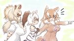  3girls aardwolf_(kemono_friends) aardwolf_ears aardwolf_girl aardwolf_print aardwolf_tail animal_ears animal_print bangs bare_shoulders black_hair breast_pocket brown_hair closed_mouth elbow_gloves empty_eyes extra_ears fang from_side fur_collar fur_scarf gloves height_difference high_ponytail highres hyena_ears hyena_girl hyena_tail japanese_wolf_(kemono_friends) kemono_friends layered_sleeves long_hair long_sleeves looking_afar looking_at_another mo23 multicolored_hair multiple_girls neckerchief open_mouth outstretched_arm plaid_neckerchief pocket pointing pointing_forward ponytail print_gloves print_shirt print_sleeves sailor_collar scarf shirt short_over_long_sleeves short_sleeves sidelocks sleeveless sleeveless_shirt smile spotted_hyena_(kemono_friends) tail two-tone_hair upper_body white_hair wolf_ears wolf_girl wolf_tail yellow_eyes 