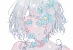  10_io 1girl aqua_eyes aqua_flower flower_in_eye flower_on_face highres looking_at_viewer one_eye_covered original short_hair solo symbol_in_eye 