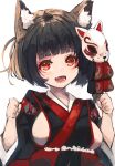  1girl :d animal_ear_fluff animal_ears azur_lane bangs black_kimono blunt_bangs blush breasts brown_hair cat_ears cat_mask clenched_hands fang highres hikimayu japanese_clothes kimono large_breasts looking_at_viewer mask mask_on_head nyucha obi open_mouth red_eyes red_robe robe sash short_hair sideboob skin_fang smile solo thick_eyebrows upper_body w_arms wide_sleeves yamashiro_(azur_lane) 