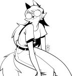  anthro belt black_and_white bottomwear canid canine cathodegaytube clothing eyewear female fox glasses linux mammal monochrome pants shirt sitting t-shirt topwear trans_(lore) trans_woman_(lore) tuft xenia_(linux_fox) 