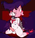  aliasing anthro balls breasts catjam_(artist) chiropteran claws collar fur genitals gynomorph hair hands_behind_back hi_res horn intersex mammal messy penis pink_hair pointed_nose ponytail red_background simple_background small_breasts solo tentacles text white_body white_fur wings 