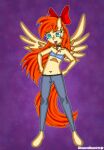 absurd_res accessory anthro arms_bent belt blossomblaze blue_eyes bottomwear bow_ribbon clothing collar denim denim_clothing equid equine fan_character female freckles hair hair_accessory hair_bow hair_ribbon hasbro hi_res humanoid jeans long_hair looking_at_viewer mammal my_little_pony open_mouth pants pegasus ribbons solo spread_legs spread_wings spreading topwear wings 