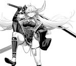  1girl asymmetrical_horns azur_lane breasts dress gloves greyscale hakuryuu_(azur_lane) high_heels highres holding holding_sword holding_weapon hori_(hori_no_su) horns huge_weapon large_breasts long_hair looking_down monochrome official_art pleated_dress sheath skindentation sword unsheathing weapon wide_sleeves 